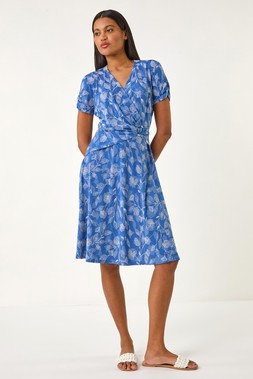 Roman Blue Floral Print Ring Detail Midi Dress