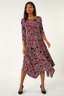 Roman Leaf Puff Print Hanky Hem Dress