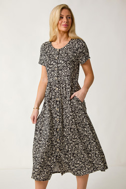 Roman Petite Black Abstract Print Button Shirt Dress
