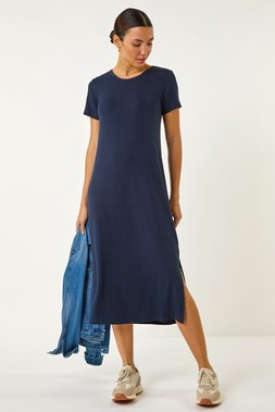Roman Navy Short Sleeve Ribbed Jersey Midi