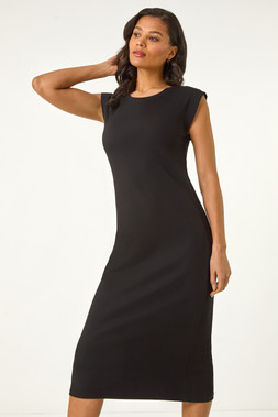 Roman Black Ribbed Cap Sleeve Midi Dress