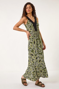 Roman Khaki Leaf Print Contrast Band Maxi Dress