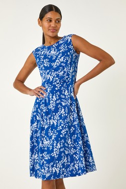 Roman Royal Blue Floral Print Gathered Side Midi Dress