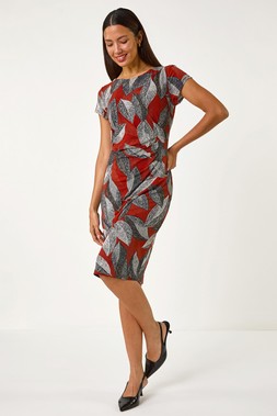Roman Rust Leaf Print Gathered Shift Dress
