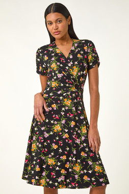 Roman Pink Floral Print Ring Detail Midi Dress