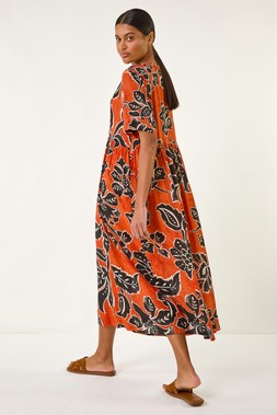 Roman Rust Tie Leaf Print Midi Dress