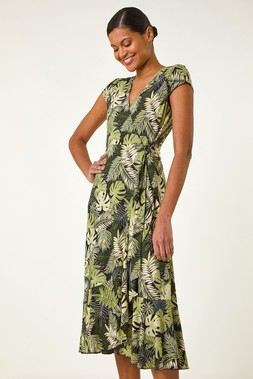 Roman Khaki Floral Stretch Midi Wrap Dress