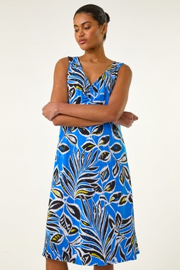 Roman Blue Leaf Print V-Neck Gathered Dress