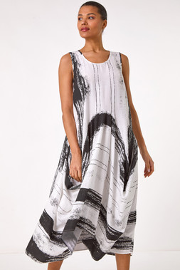 Roman White Abstract Print Bubble Midi Dress
