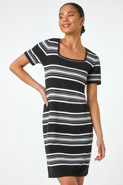 Roman Petite Black Stripe Knit Dress