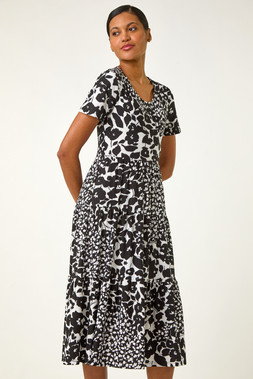 Roman Black Floral Print Tiered Midi Dress