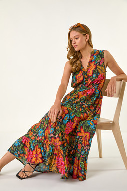 Roman Floral Shirred Maxi Dress