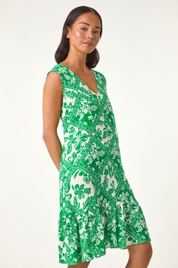 Roman Petite Green Print Cut Out Tiered Dress