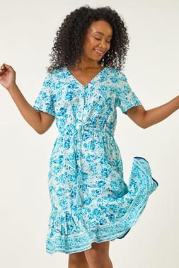 Roman Petite Blue Floral Print Tiered Dress