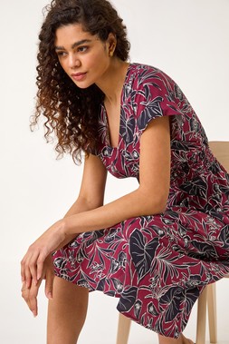 Roman Burgundy Abstract Leaf Print Shirred Midi Dress