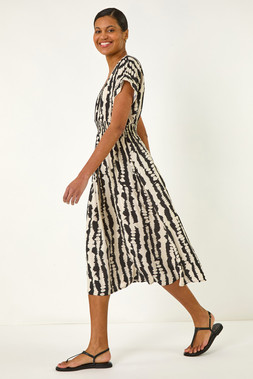 Roman Black Abstract Print Shirred Midi Dress