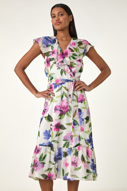 Roman White Floral Frill Wrap Midi Dress