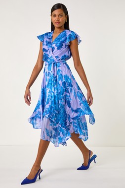 Roman Blue Floral Frill Midi Wrap Dress
