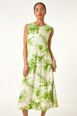 Roman Petite Green Leaf Ladder Trim Midi Dress