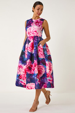 Roman Rose Print Pleated Scuba Midi Dress
