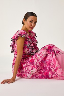 Roman Floral Print Bardot Organza Midi Dress