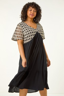 Roman Curve Black Crochet V-Neck Midi Dress