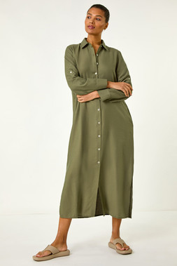Roman Khaki Button Through Shirt Midi Dress