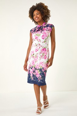 Roman Pink Floral Lace Twist Neck Keyhole Dress