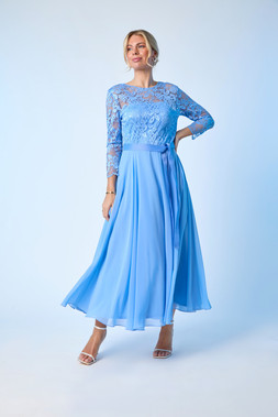 Roman Petite Blue Lace Bodice Tie Waist Dress