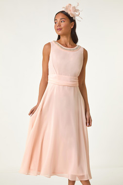 Roman Petite Light Pink Neck Trim Ruched Midi Dress