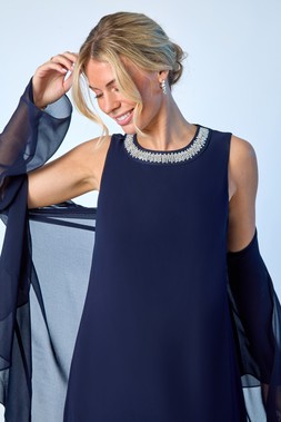 Roman Petite Navy 2in1 Neck Trim Shift Dress