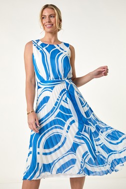 Roman Petite Navy Abstract Tie Waist Pleated Dress