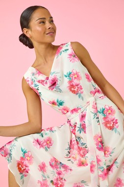 Roman Petite Ivory Floral Cowl Neck Midi Dress