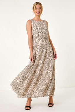 Roman Petite Ivory Spot Ruched Waist Midi Dress
