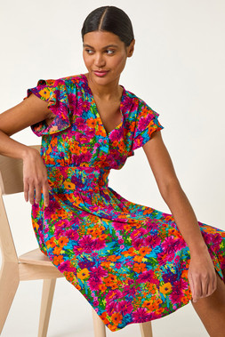 Roman Fuchsia Floral Print Button Frill Dress