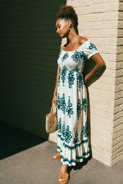 Roman Navy Bardot Shirred Maxi Dress