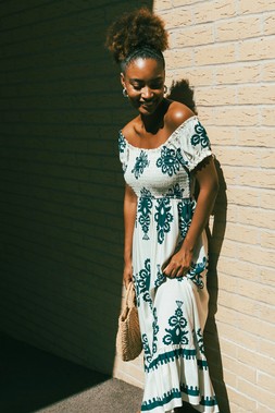 Roman Navy Bardot Shirred Maxi Dress