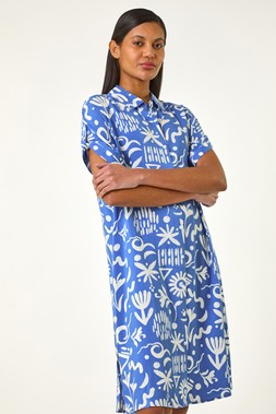 Roman Blue Abstract Print Button Shirt Dress