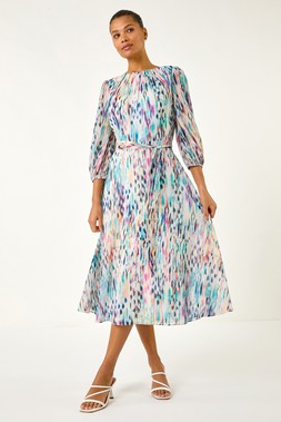 Roman Blurred Print Pleat Neck Midi Dress