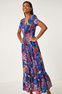 Roman Royal Blue Rose Print Button Detail Maxi Dress