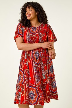 Roman Curve Print Shirred Midi Dress