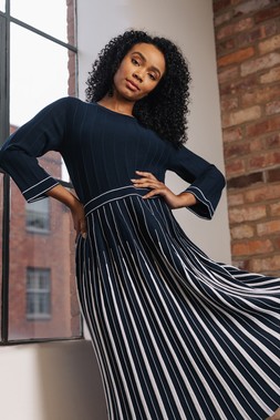 Roman Petite Navy Contrast Pleat Midi Dress
