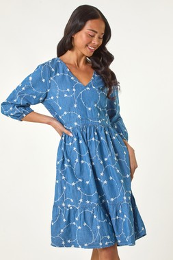 Roman Petite Blue Embroidered V-Neck Dress