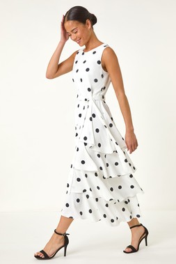 Roman Petite White Spot Print Tiered Midi Dress