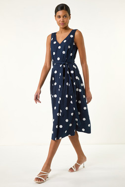 Roman Navy Spot Belted Midi Dress