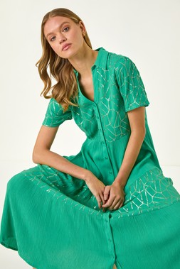 Roman Foil Print V-Neck Button Midi Dress