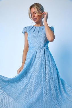 Roman Petite Blue Jacquard Gathered Neck Dress