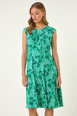 Roman Aqua Ditsy Floral Keyhole Twist Dress