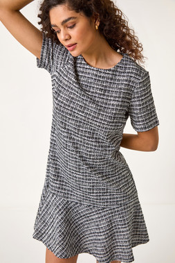 Roman Black Textured Frill Hem Stretch Dress