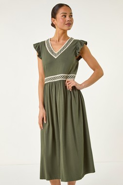 Roman Petite Khaki Crochet Trim Midi Dress